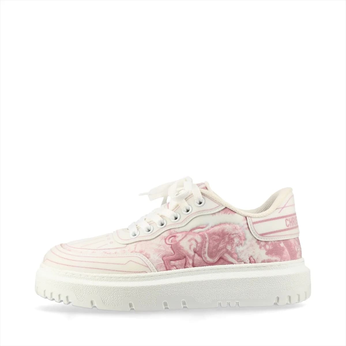 Pair of pink and white printed platform sneakers with thick white soles, shown from the side.