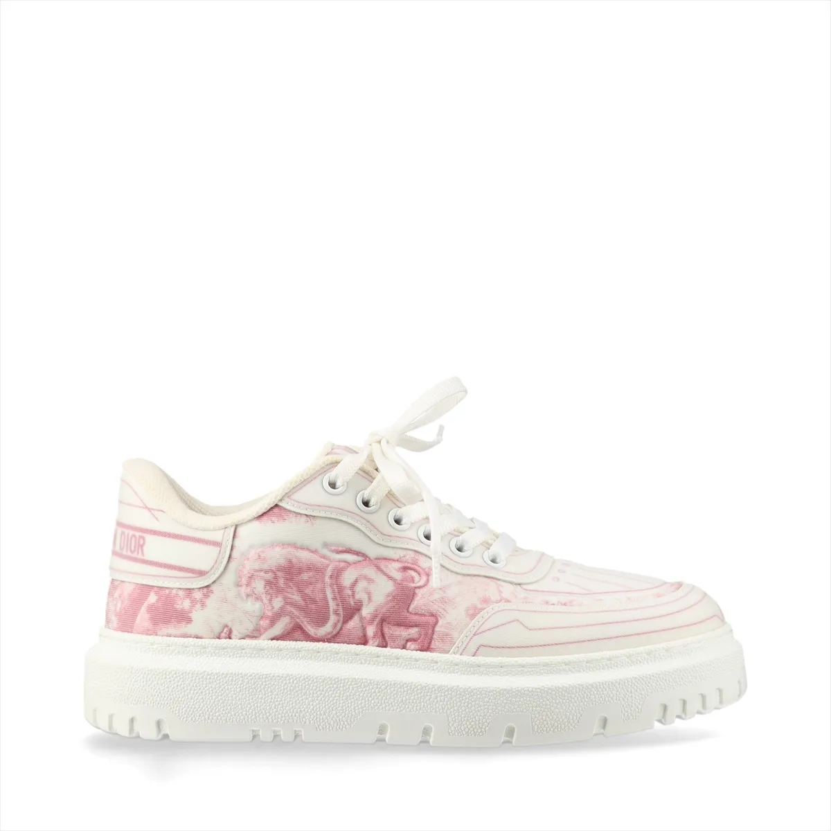 Pair of pink and white printed platform sneakers with thick white soles, shown from the side.