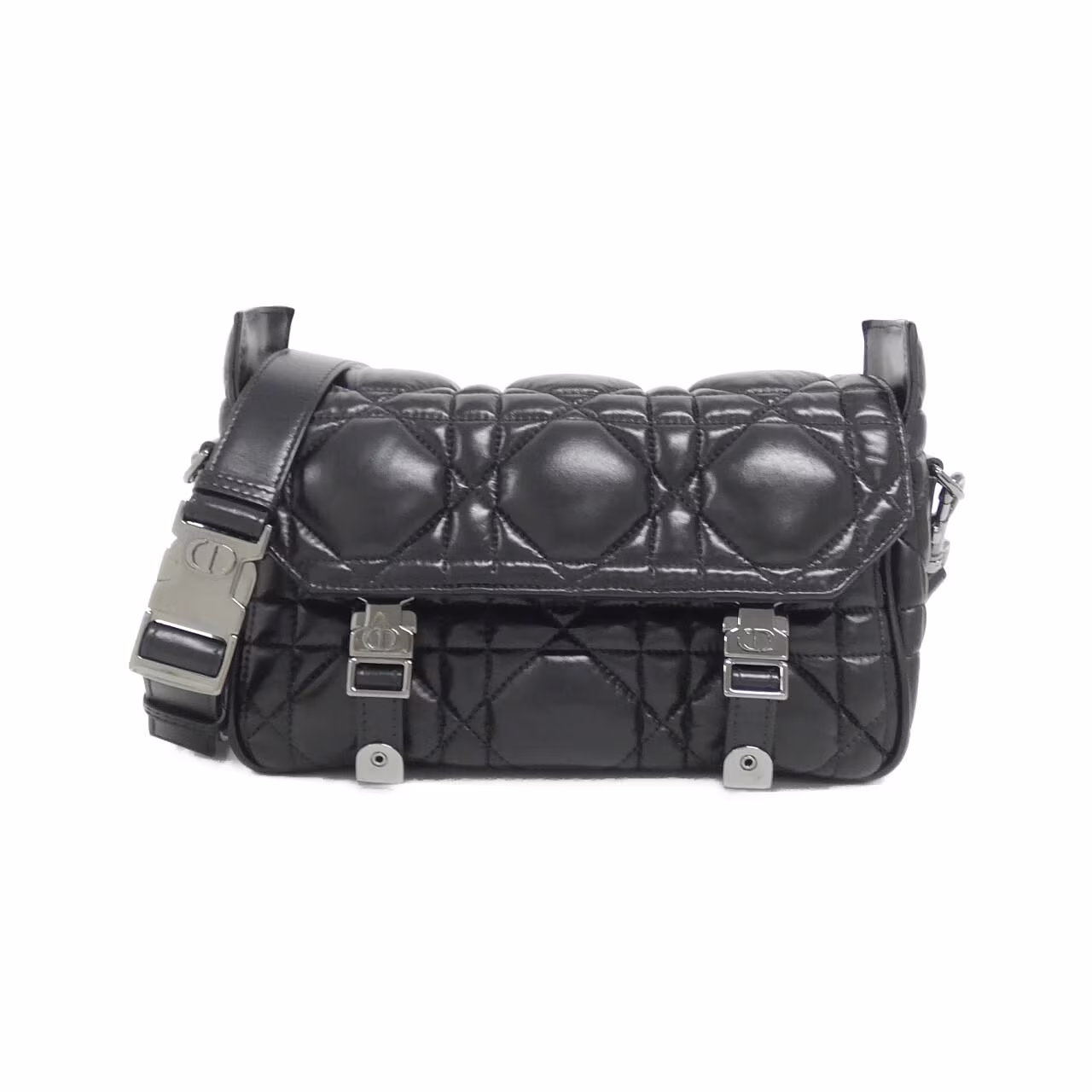 Compact shoulder bag with a flap front, logo plaque and adjustable strap.