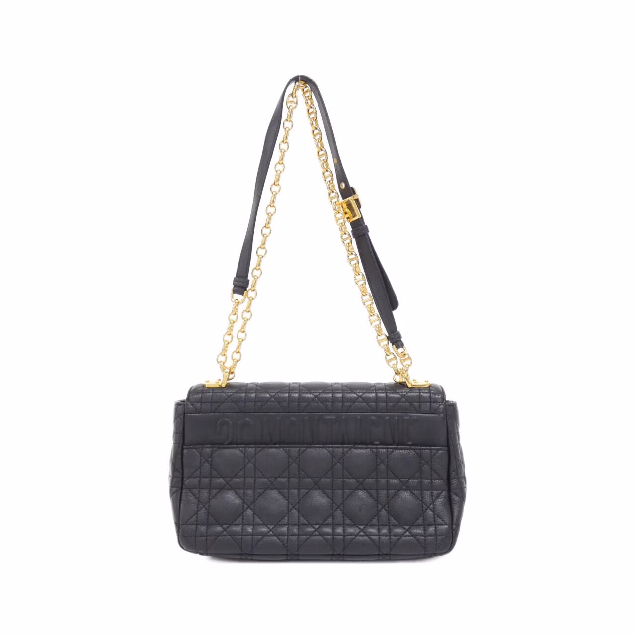 Quilted flap shoulder bag with a lettered clasp and a chain-and-leather strap.