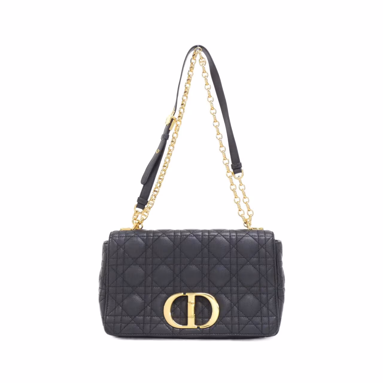 Quilted flap shoulder bag with a lettered clasp and a chain-and-leather strap.
