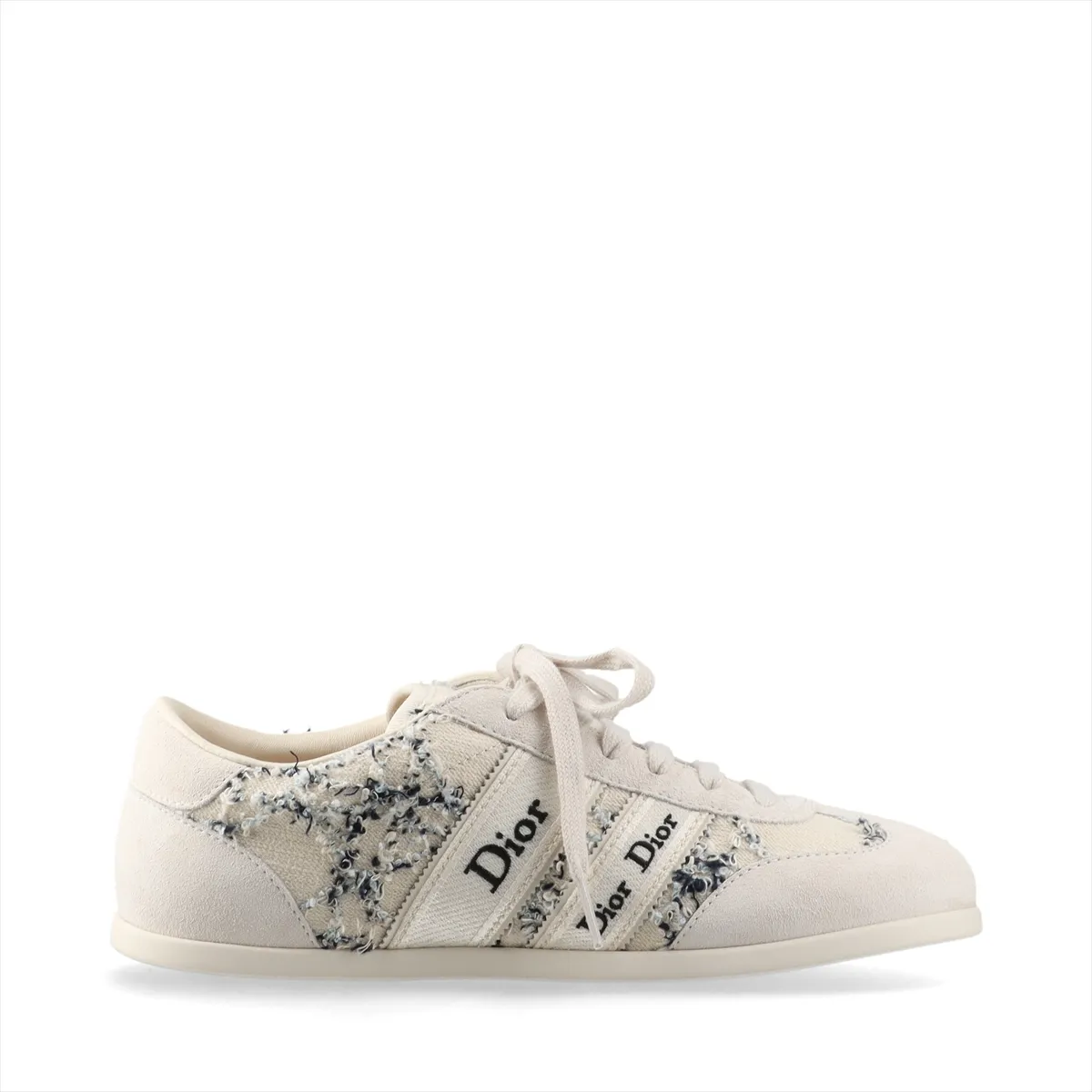 Ivory suede and fabric sneakers with ribbon lacing and white soles