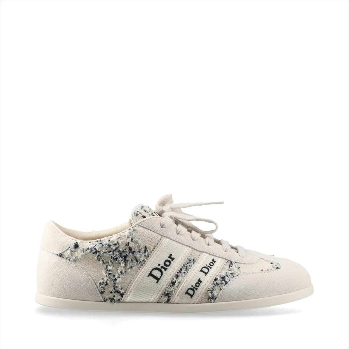 Ivory suede and fabric sneakers with ribbon lacing and white soles