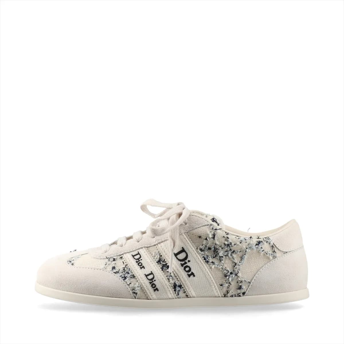 Ivory suede and fabric sneakers with ribbon lacing and white soles