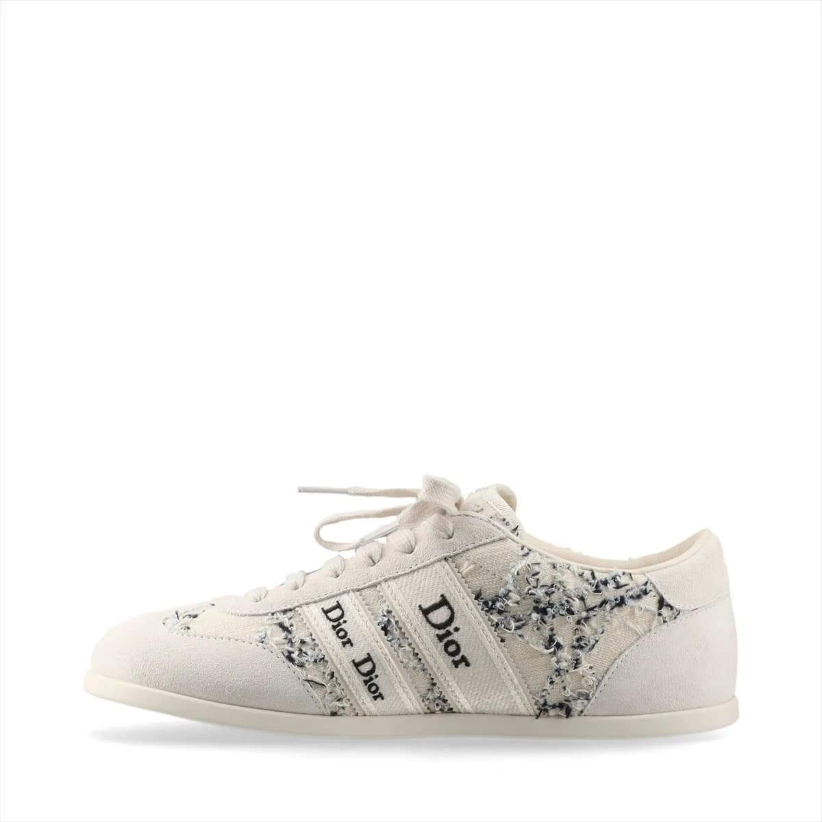 Ivory suede and fabric sneakers with ribbon lacing and white soles