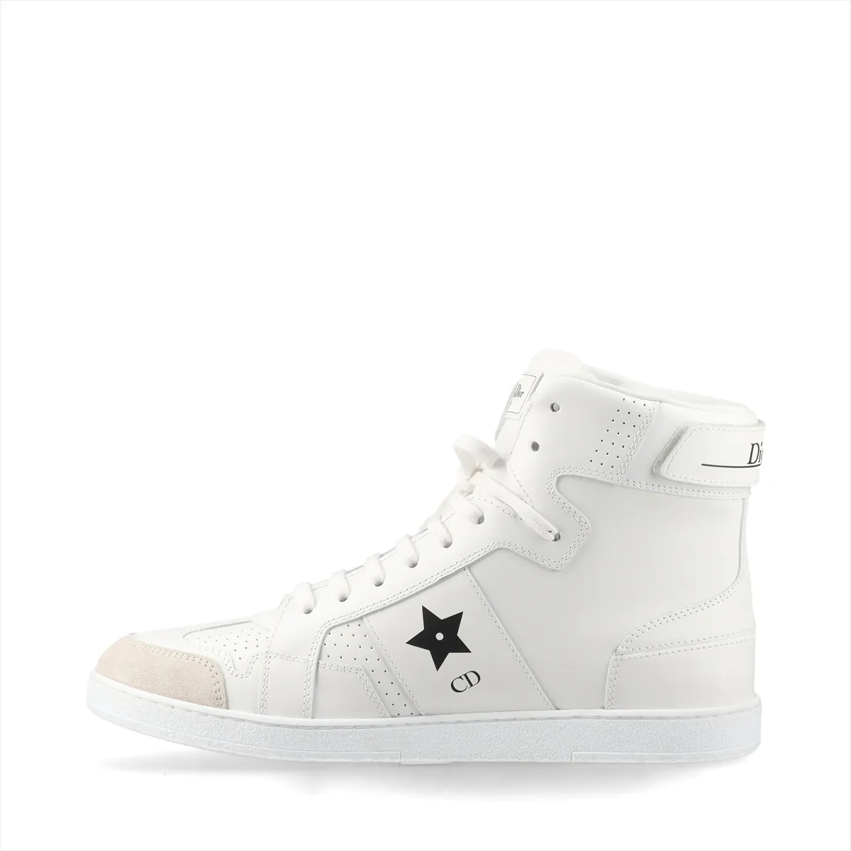 White leather high-top sneakers with laces, shown side on against a plain backdrop