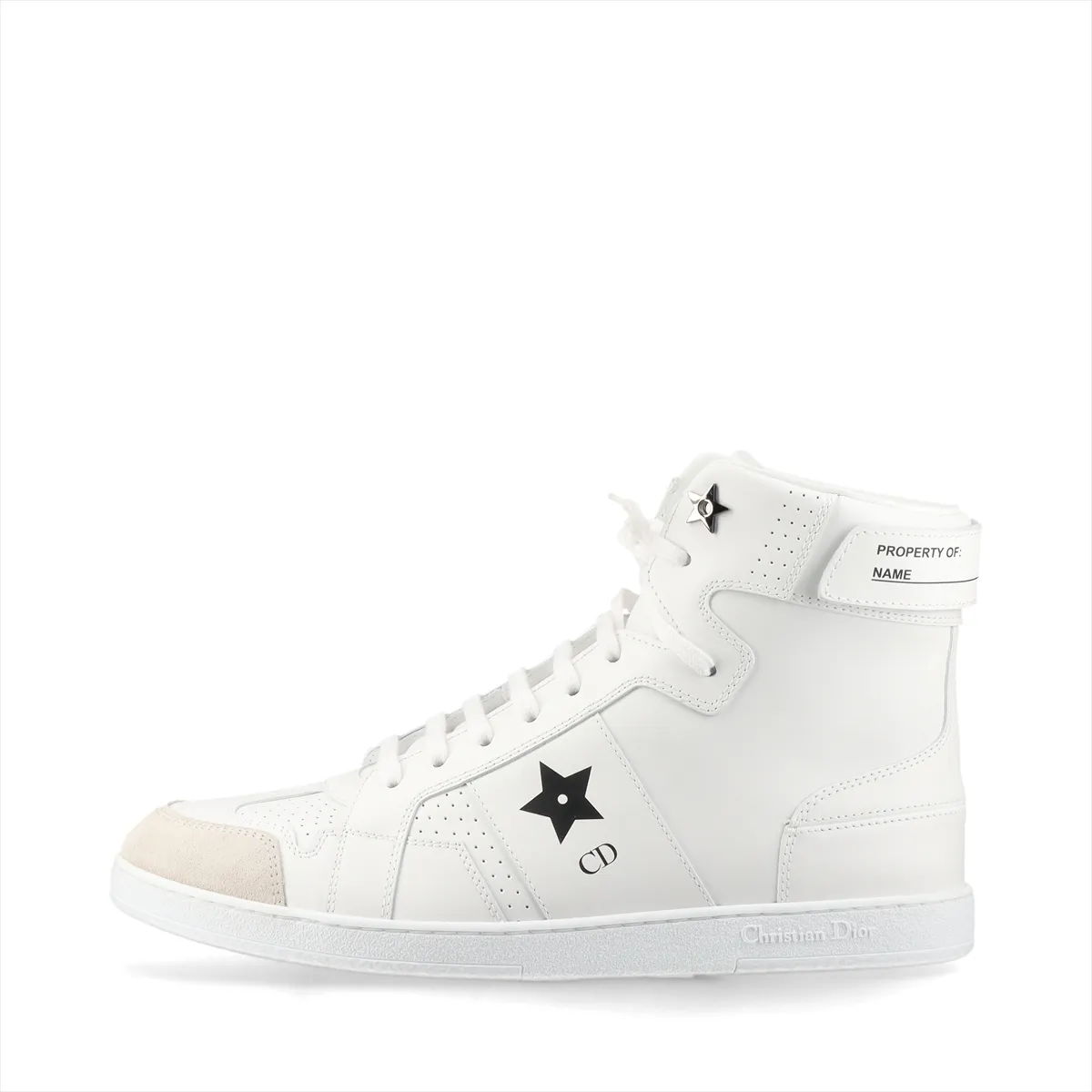 White leather high-top sneakers with laces, shown side on against a plain backdrop