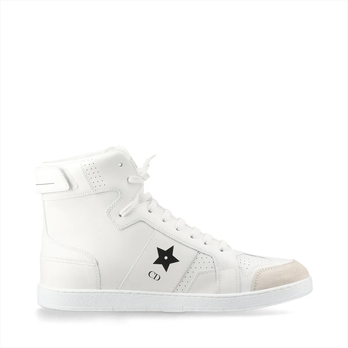 White leather high-top sneakers with laces, shown side on against a plain backdrop