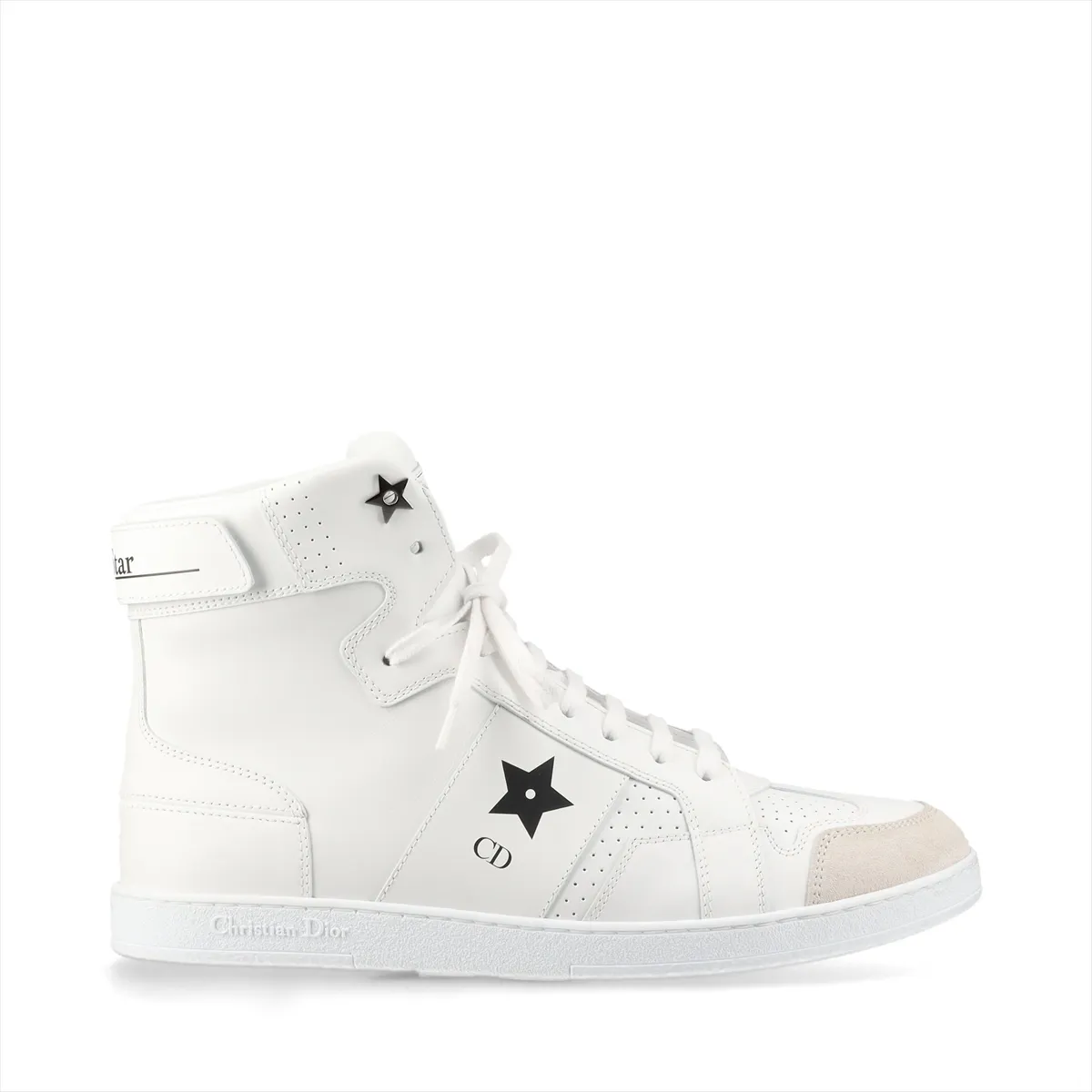 White leather high-top sneakers with laces, shown side on against a plain backdrop