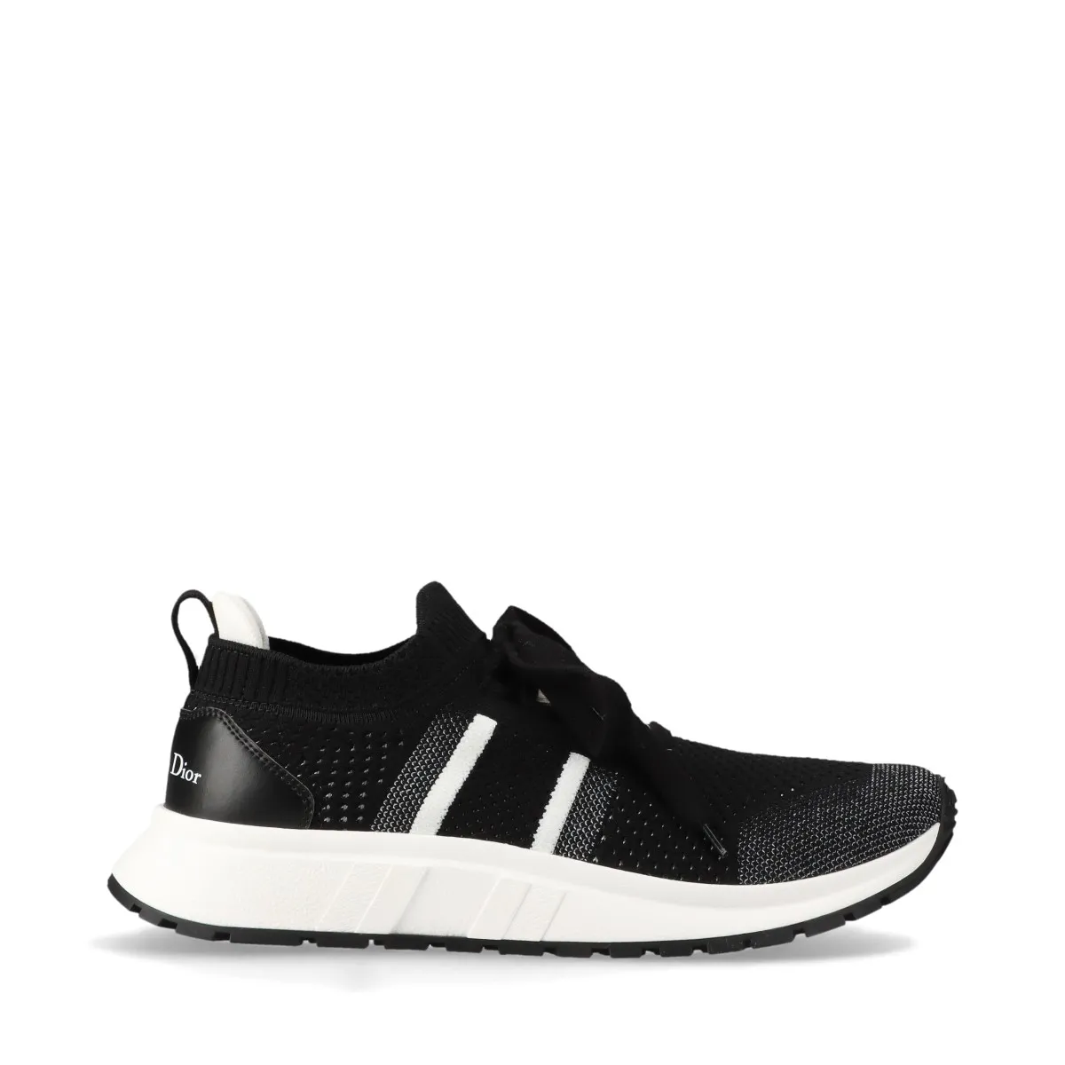 Black knit sock-style sneakers with white logo band and white soles