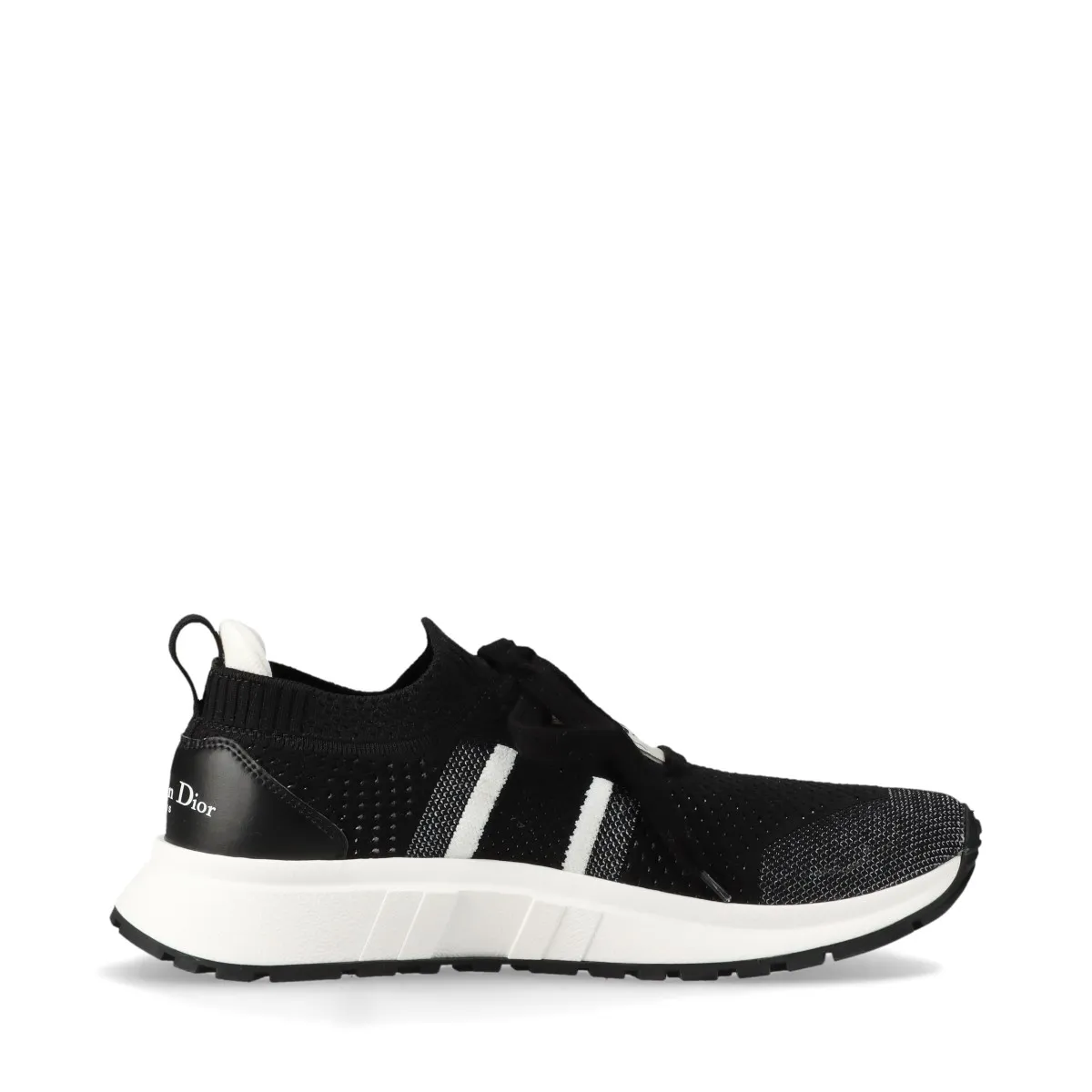 Black knit sock-style sneakers with white logo band and white soles