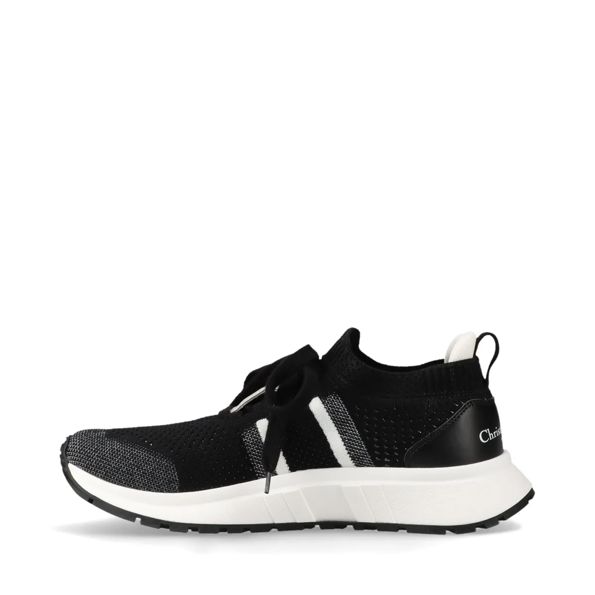 Black knit sock-style sneakers with white logo band and white soles