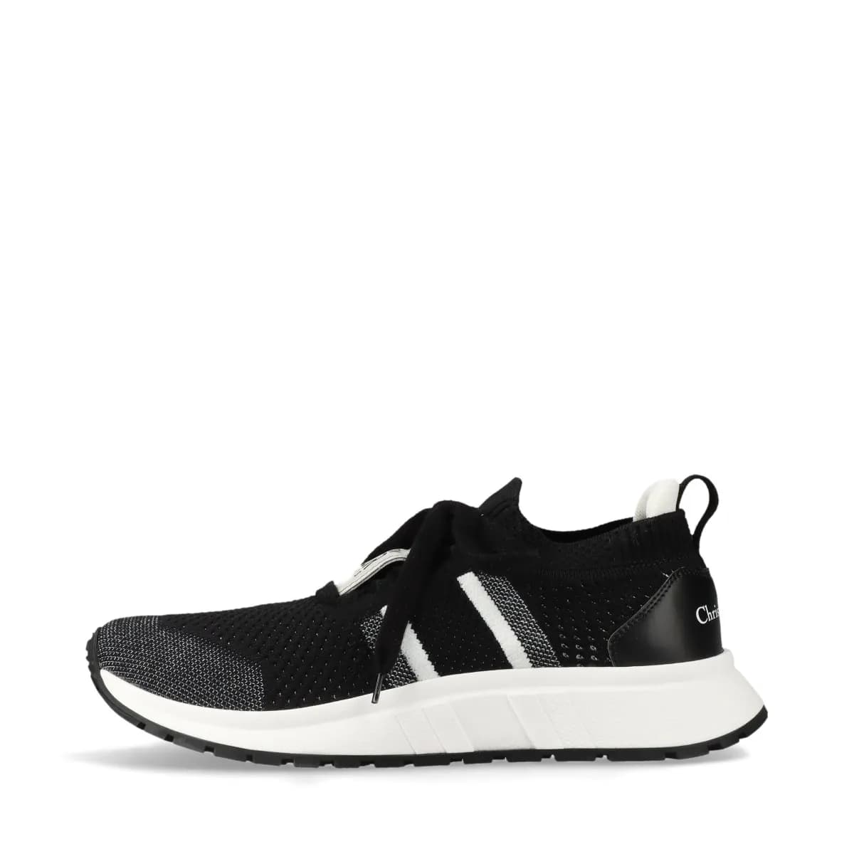 Black knit sock-style sneakers with white logo band and white soles