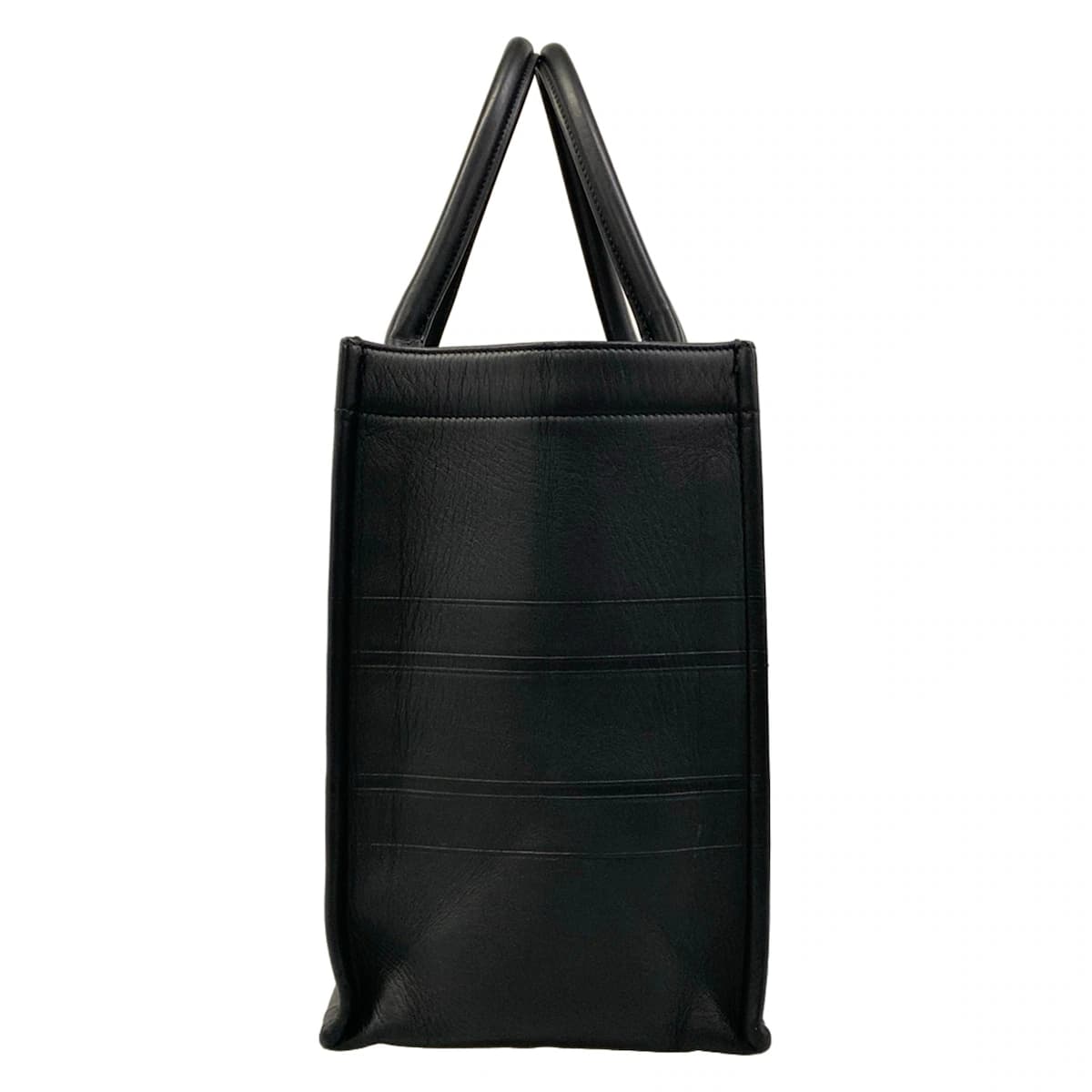 Black tote bag with twin shoulder straps and an open top