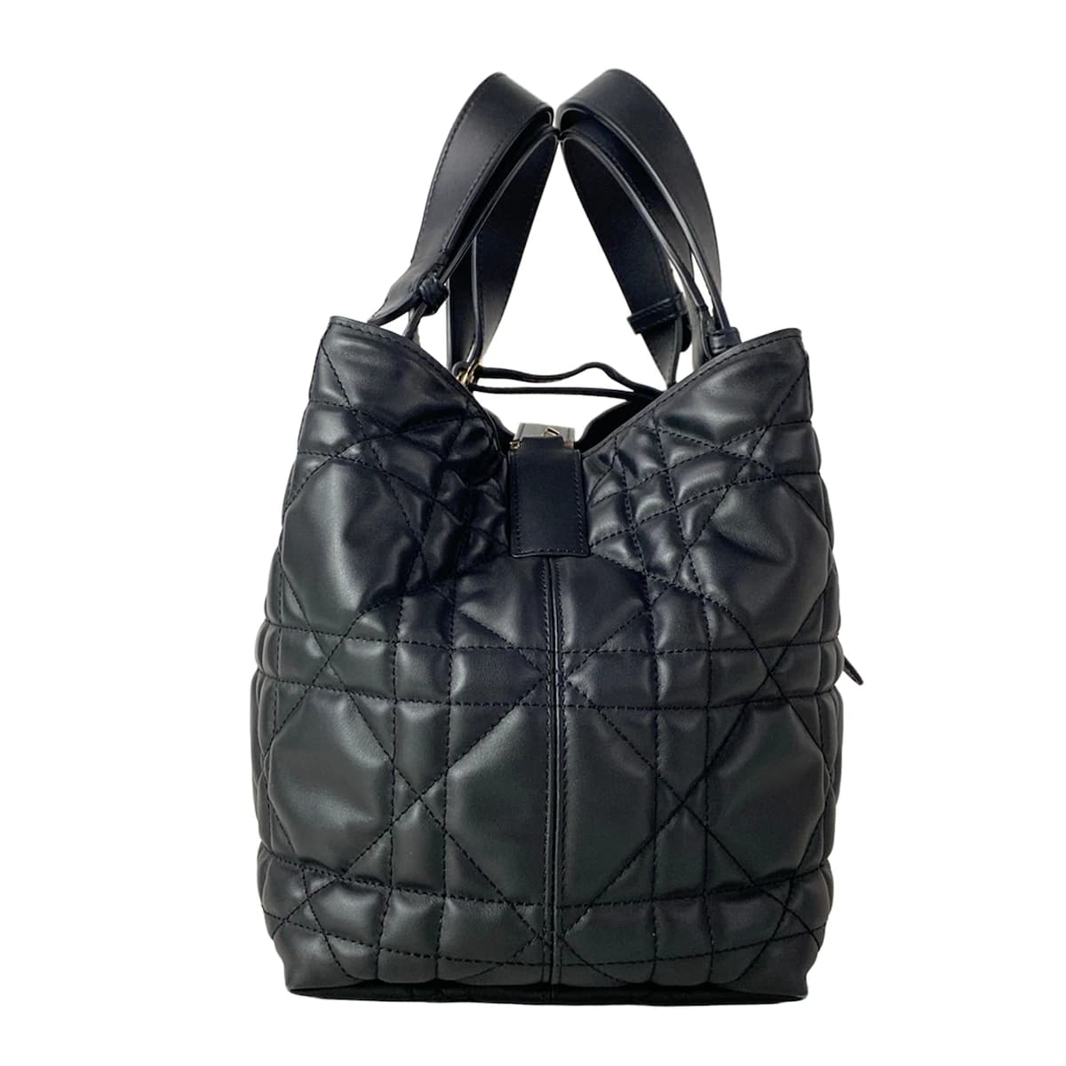 Black tote bag with two top handles.