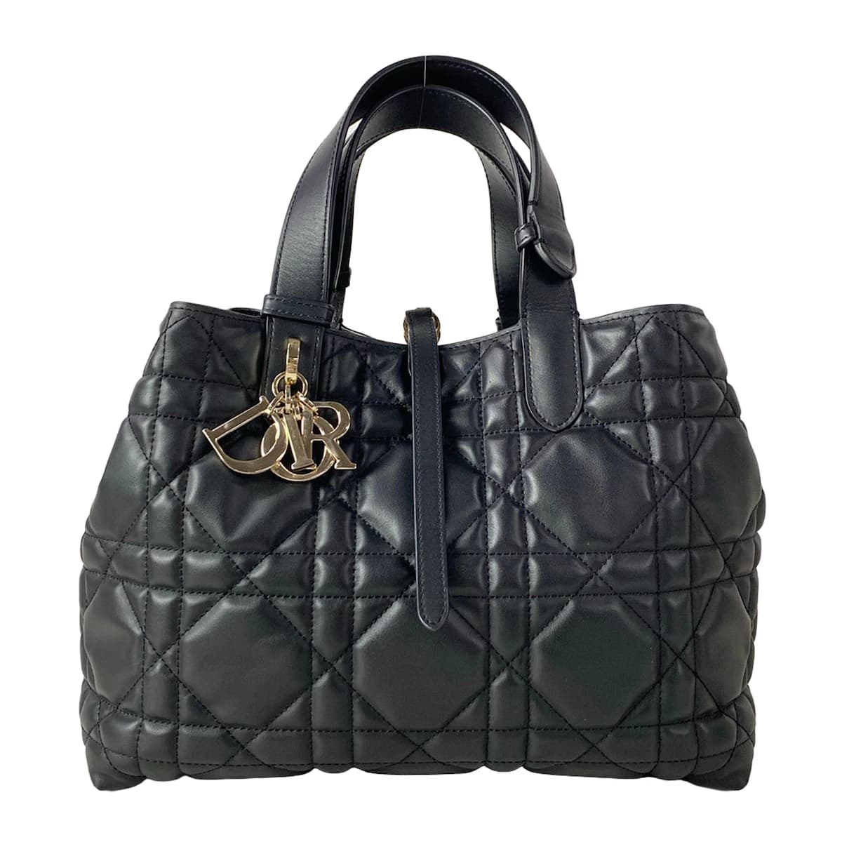 Black tote bag with two top handles.