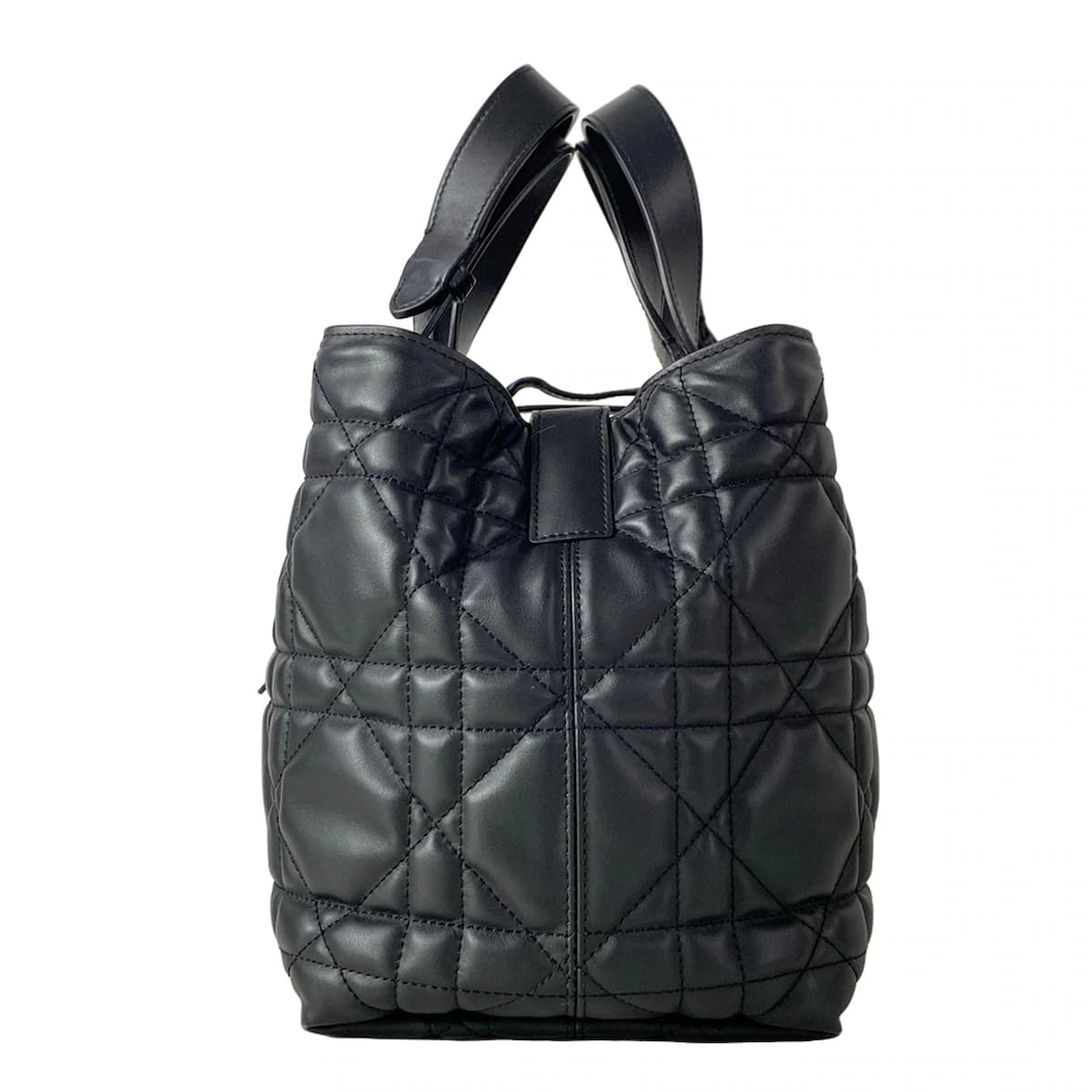 Black tote bag with two top handles.