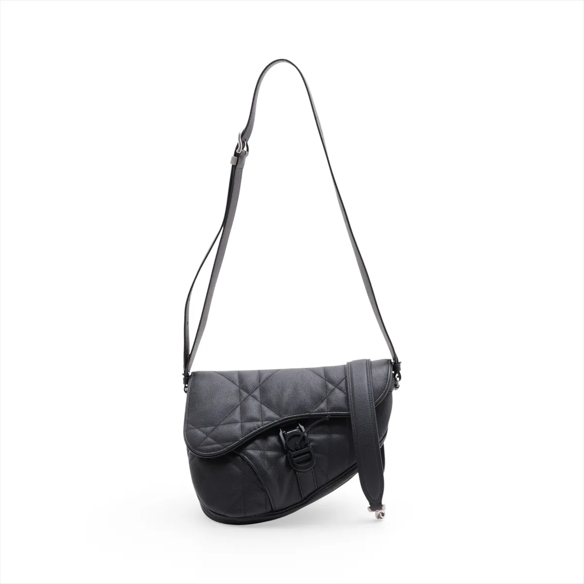 Black quilted leather saddle-shaped bag with star motif stitching and a wide shoulder strap