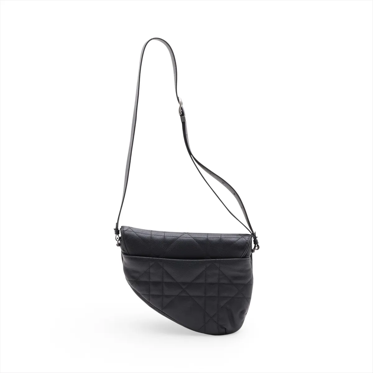 Black quilted leather saddle-shaped bag with star motif stitching and a wide shoulder strap