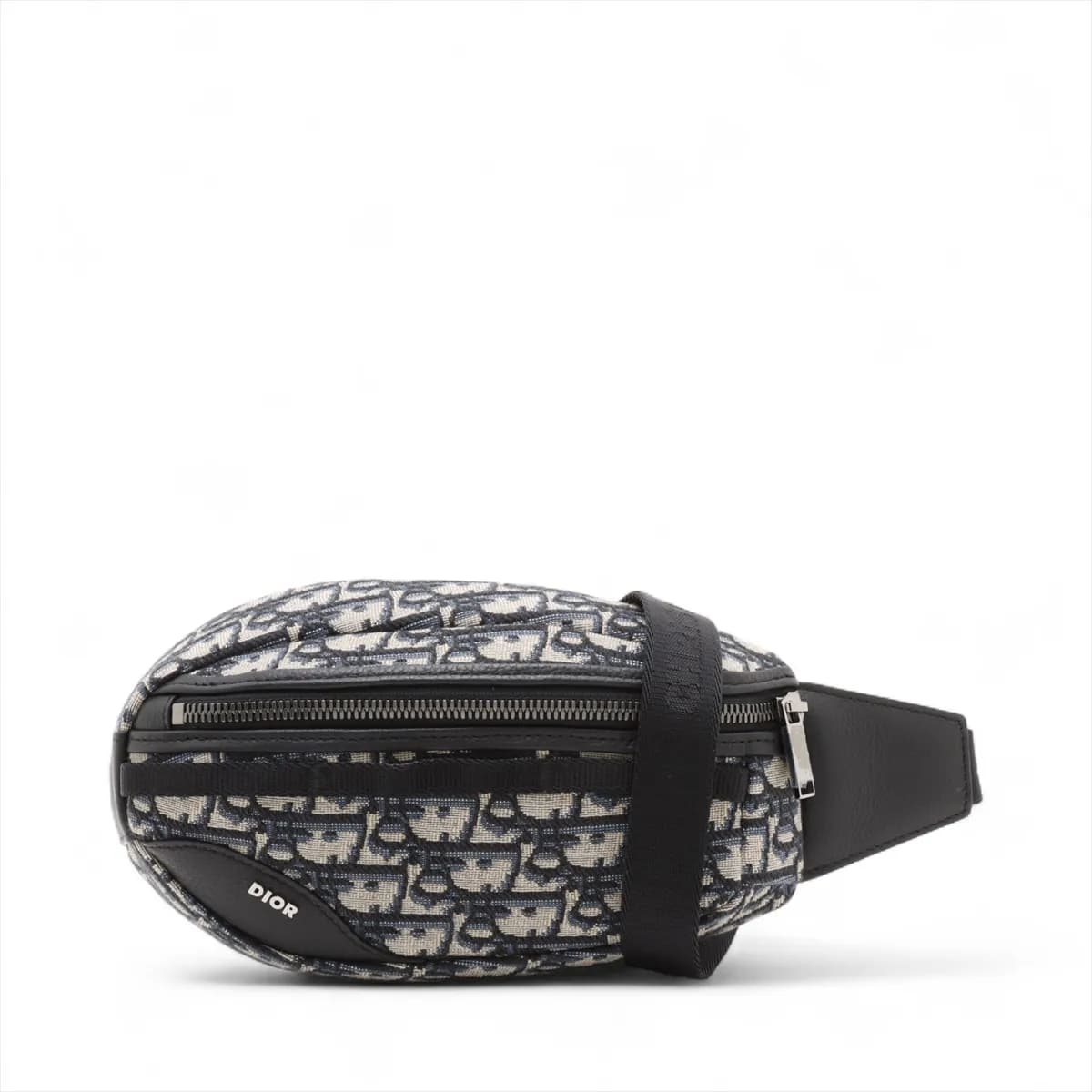 Navy jacquard-patterned canvas body bag with leather trim, buckle strap and front zip pocket