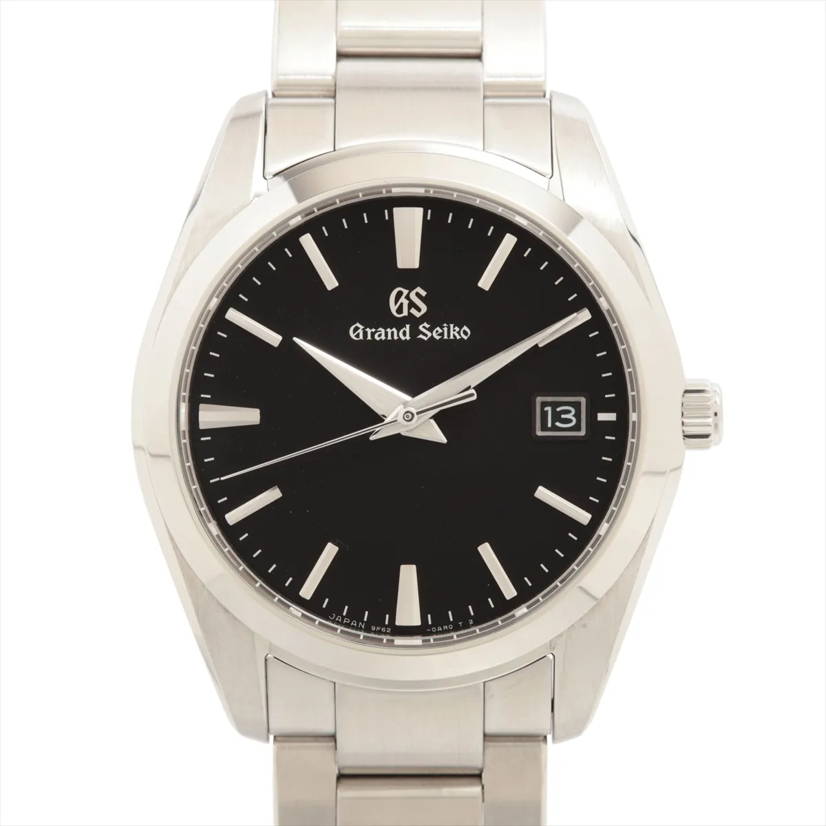 Stainless steel wristwatch with a black dial, polished baton indices and a steel bracelet.