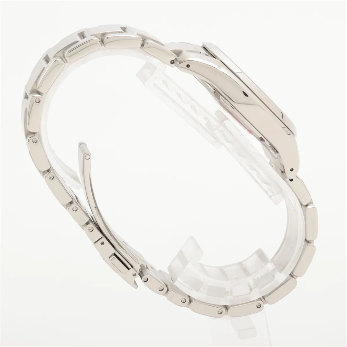 Stainless steel wristwatch with a black dial, polished baton indices and a steel bracelet.