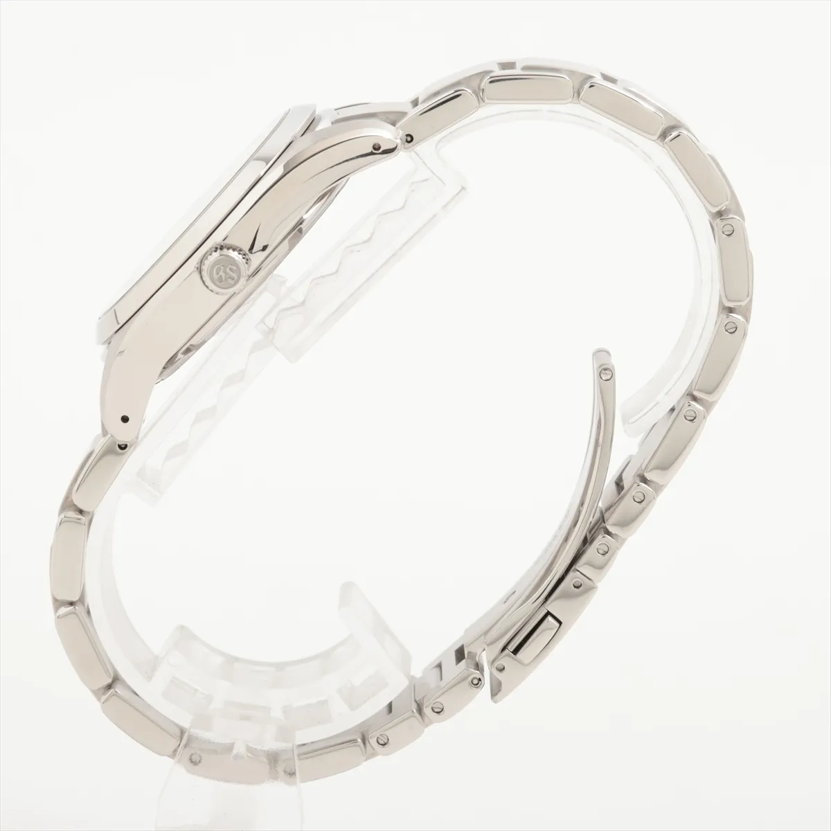 Stainless steel wristwatch with a black dial, polished baton indices and a steel bracelet.