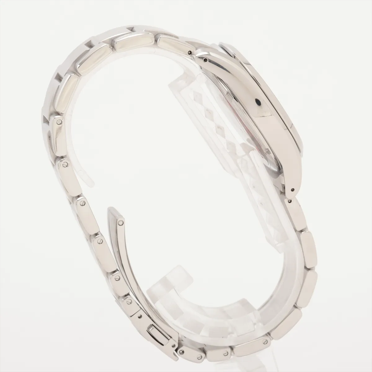 Steel bracelet watch with a black dial, baton markers and a date window at three o'clock.