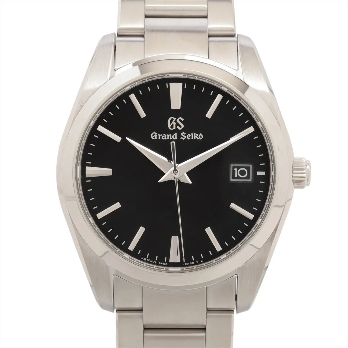 Steel bracelet watch with a black dial, baton markers and a date window at three o'clock.