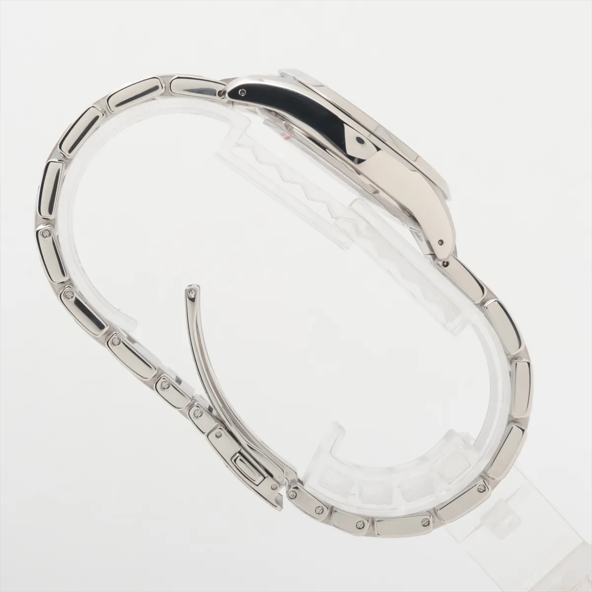 Steel wristwatch with black dial, baton markers and matching steel bracelet.