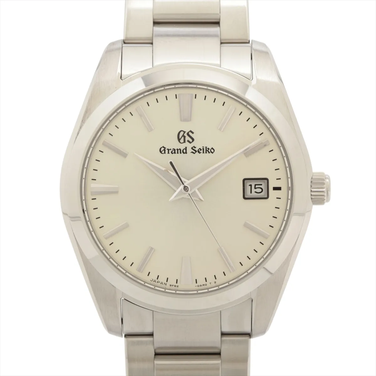 Stainless steel wristwatch with a silver dial, baton markers and a date window at three o'clock.