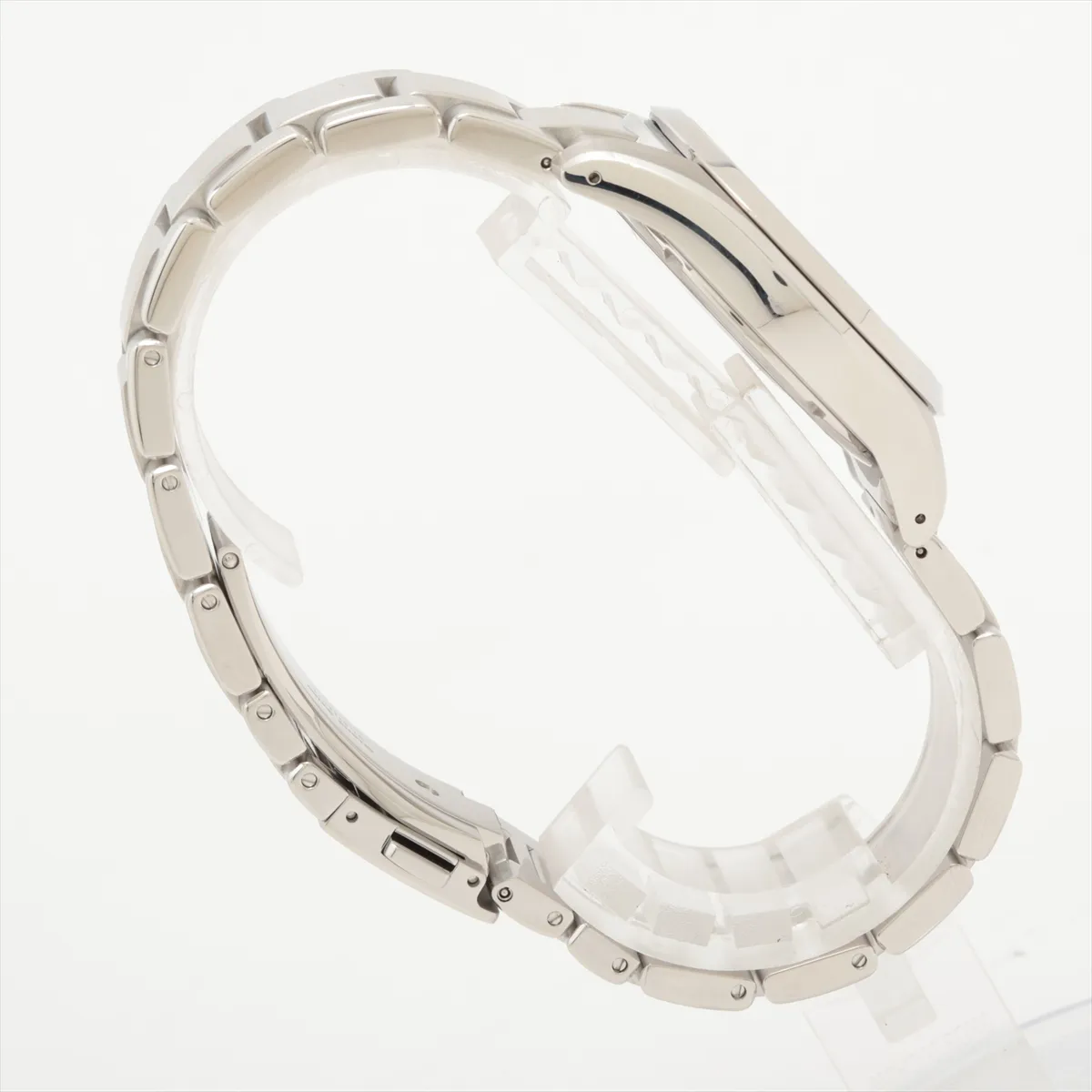 Stainless steel wristwatch with a silver dial, baton markers and a date window at three o'clock.