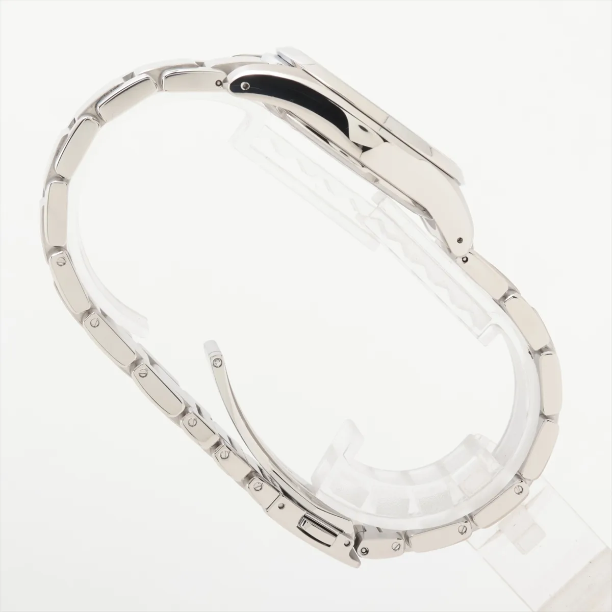 Steel watch with silver dial, applied markers and date window on a matching bracelet.