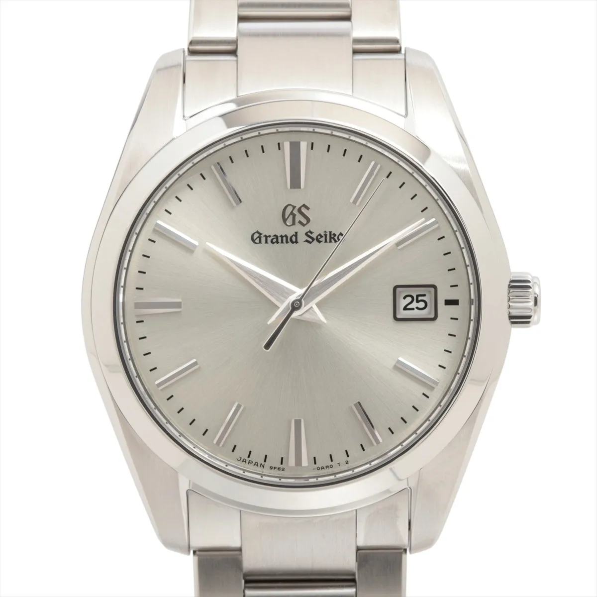 Steel watch with silver dial, applied markers and date window on a matching bracelet.