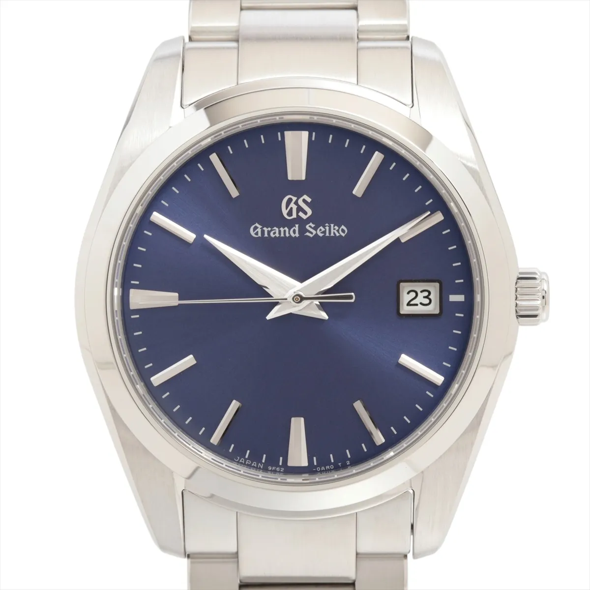 Stainless steel wristwatch with a blue dial, applied baton markers and a steel bracelet.