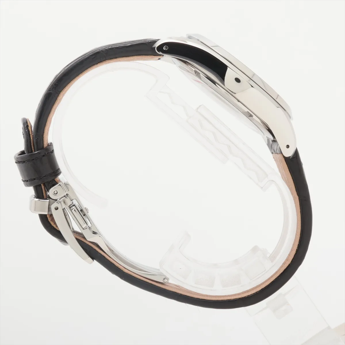 Product photograph of a round silver-dial watch on a leather strap.