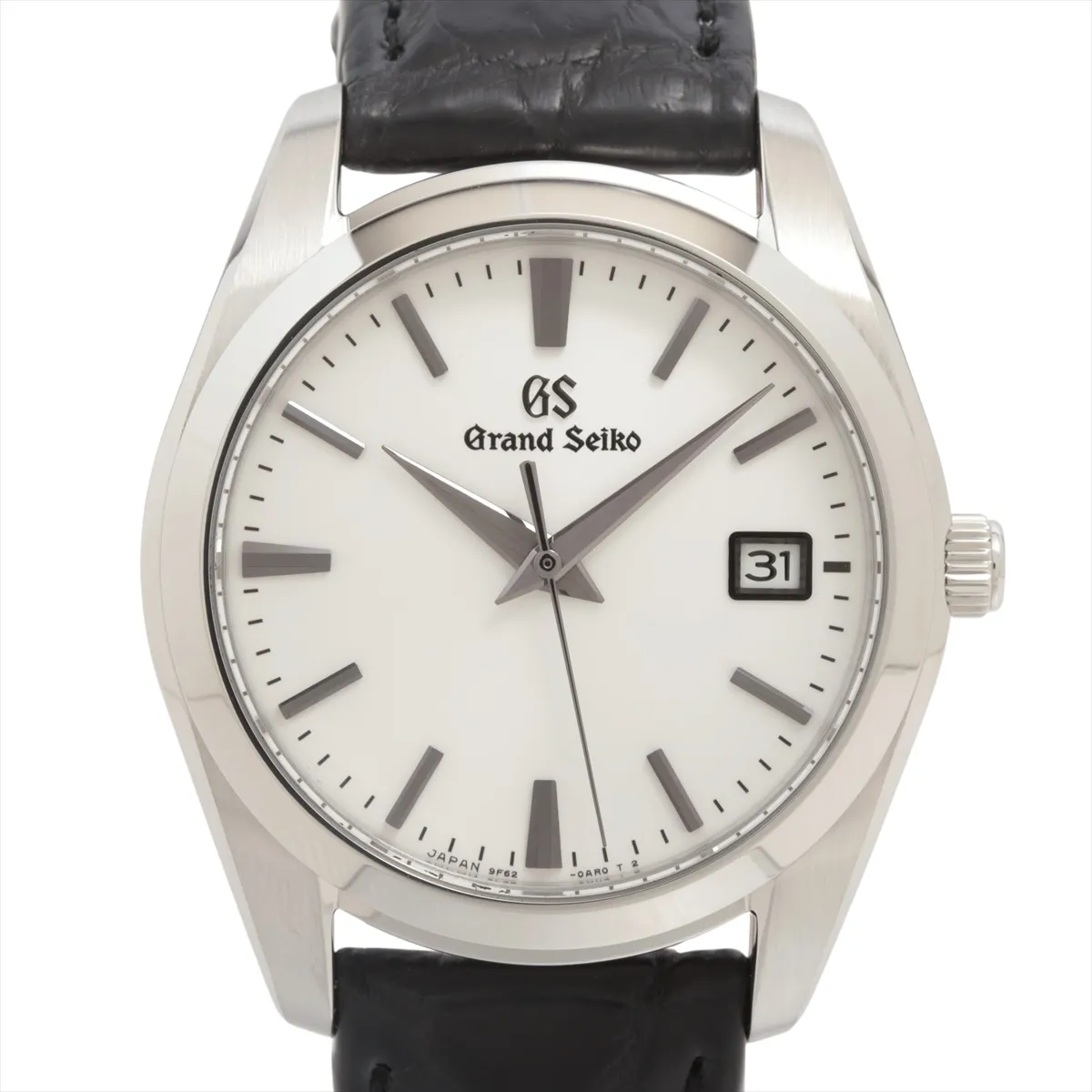 Product photograph of a round silver-dial watch on a leather strap.