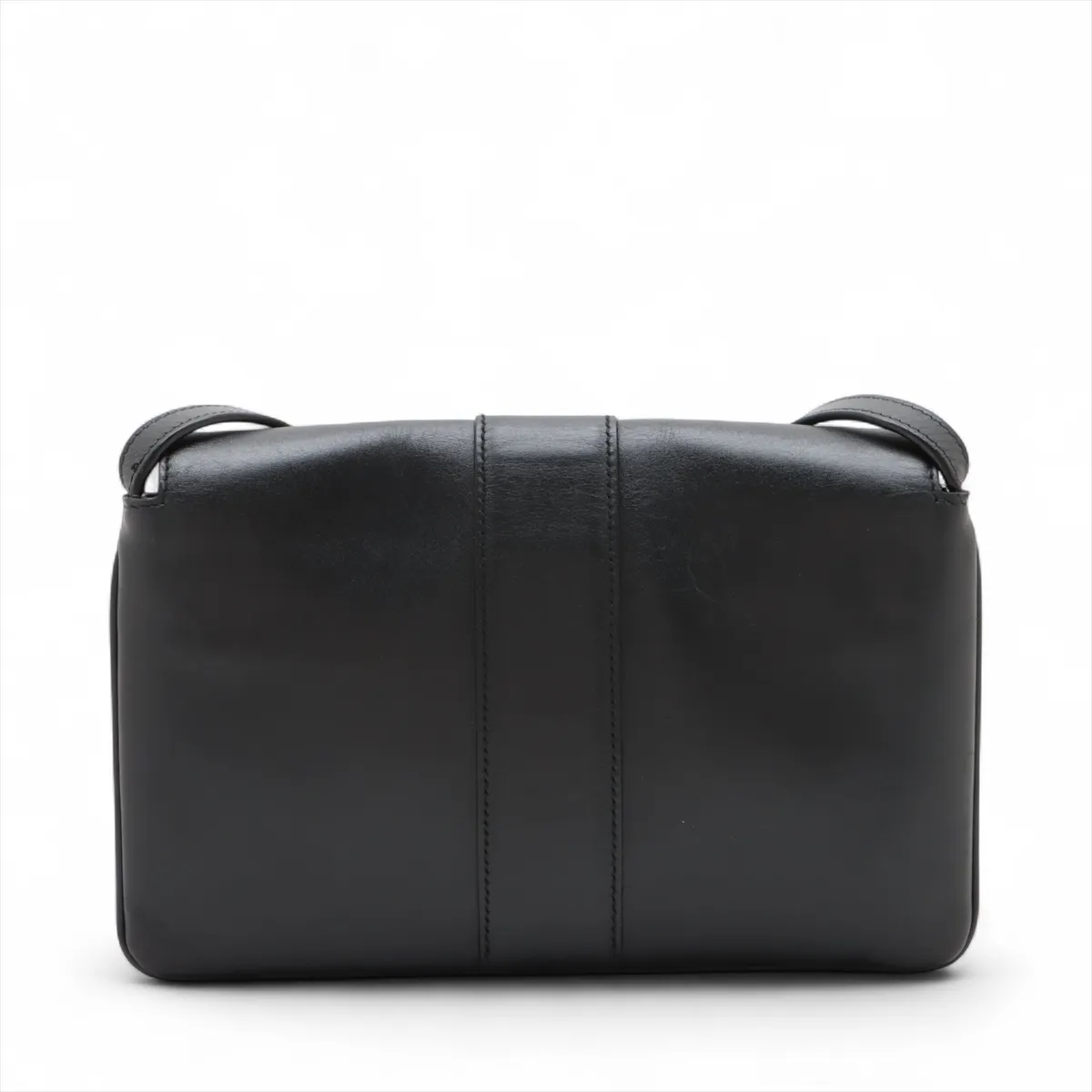 Product photograph of a small black leather bag with a shoulder strap.