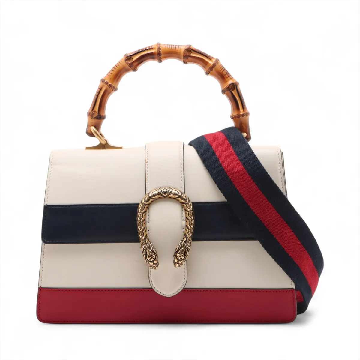 Multicolour leather handbag with bamboo-accented hardware, a top handle and a detachable strap.
