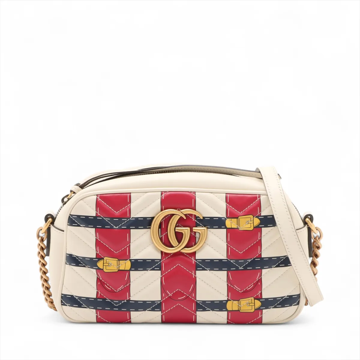 White quilted leather flap bag with red and blue trim and a gold-tone chain strap.