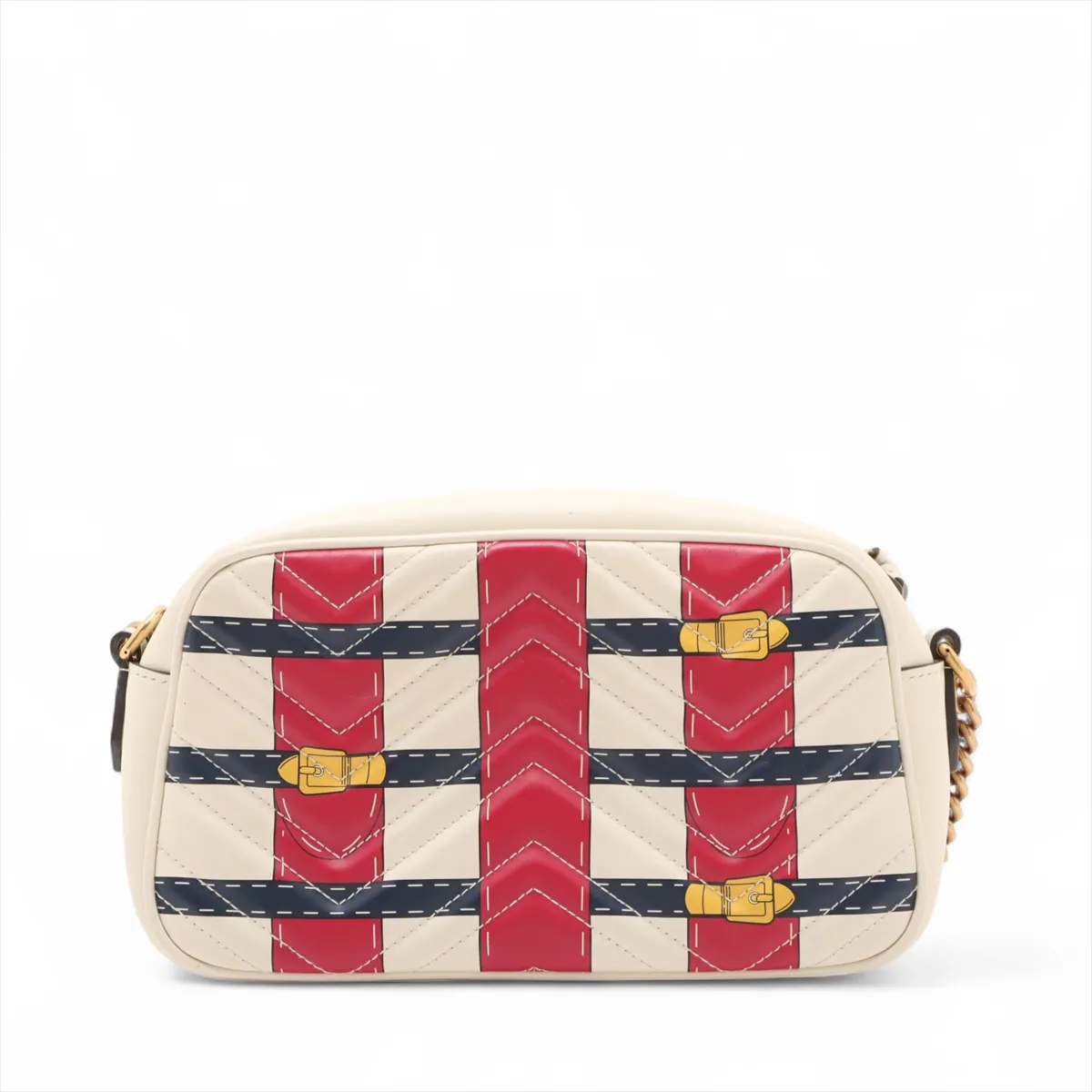 White quilted leather flap bag with red and blue trim and a gold-tone chain strap.