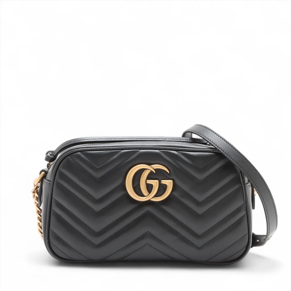 Quilted black leather shoulder bag with a chevron pattern, metal logo hardware and chain strap.