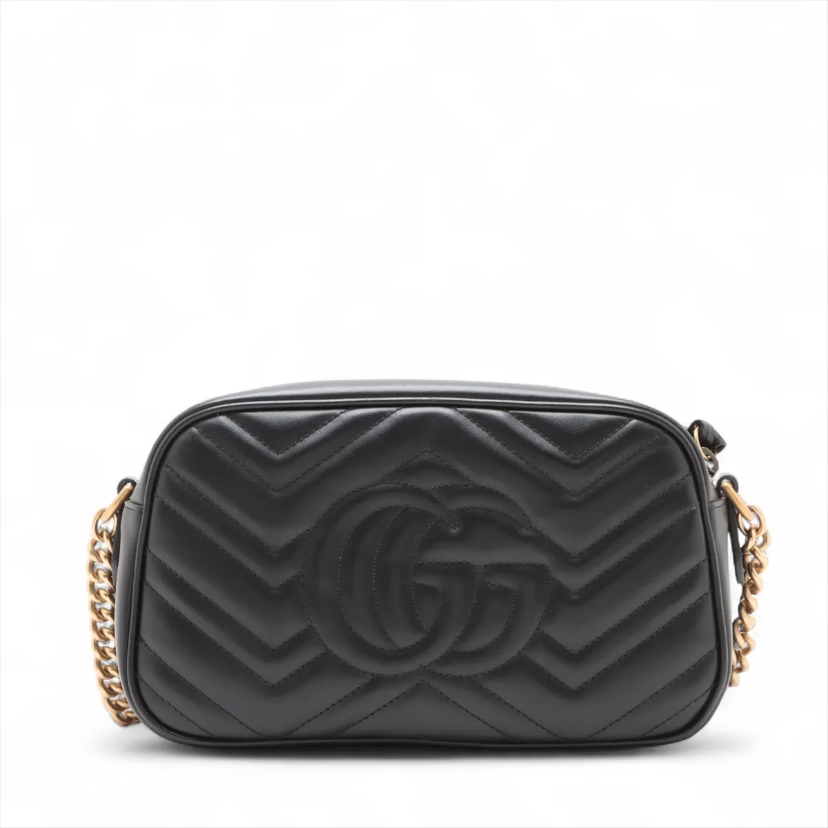 Quilted black leather shoulder bag with a chevron pattern, metal logo hardware and chain strap.