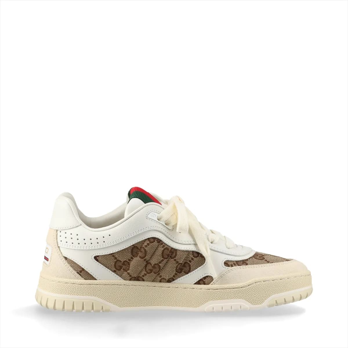 Beige monogram canvas trainers with white leather trim and a green-and-red striped band.
