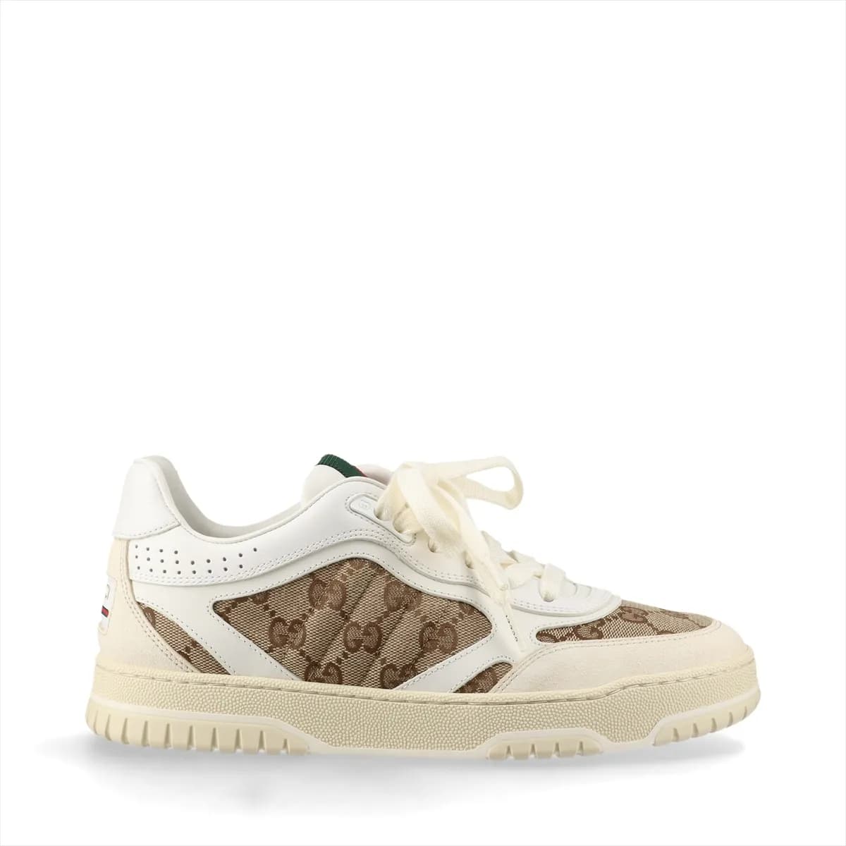 Beige monogram canvas trainers with white leather trim and a green-and-red striped band.