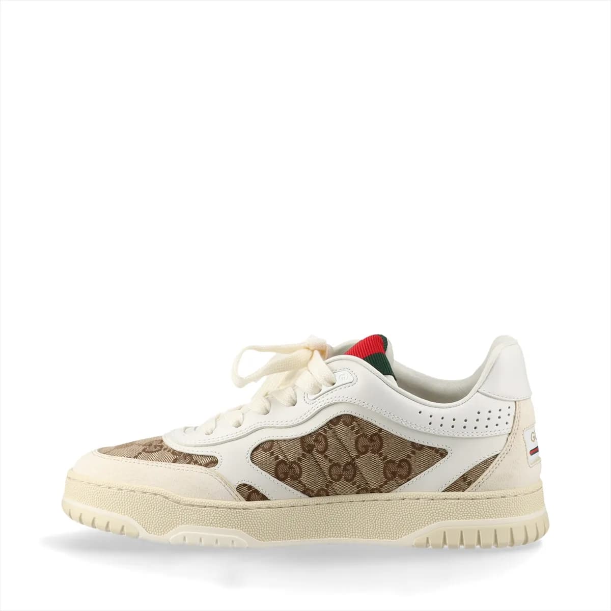 Beige monogram canvas trainers with white leather trim and a green-and-red striped band.