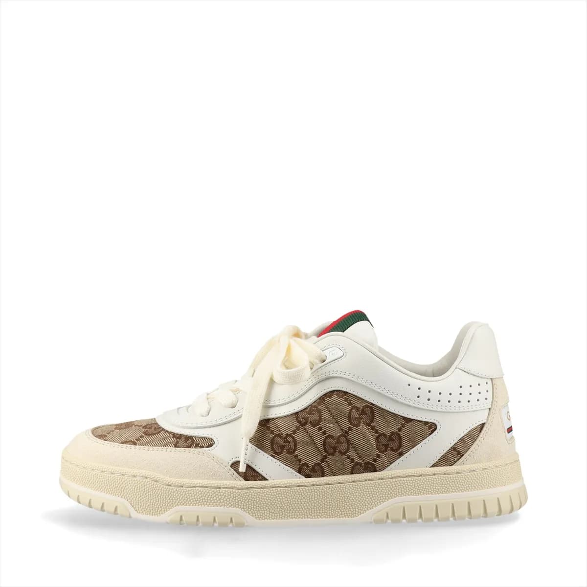 Beige monogram canvas trainers with white leather trim and a green-and-red striped band.