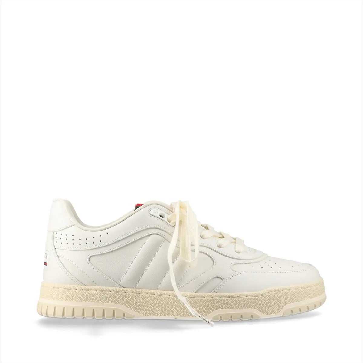 Pair of white low-top leather sneakers with a green and red stripe and a metal logo detail at the side, shown on a plain background.