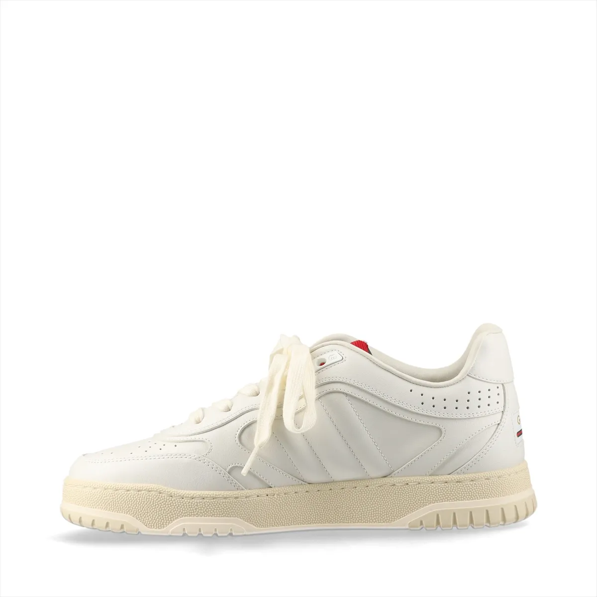 Pair of white low-top leather sneakers with a green and red stripe and a metal logo detail at the side, shown on a plain background.