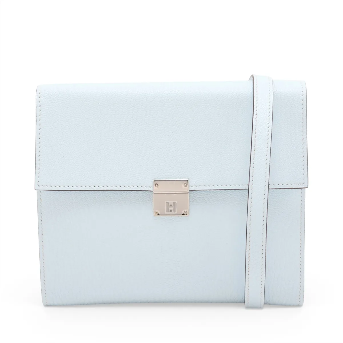Blue grained leather piece with silver-tone metal fittings.